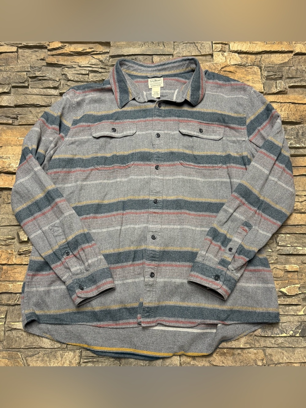 L.L. Bean Gray Striped Flannel Button Down Shirt Mens 2XL XXL Organic Cotton